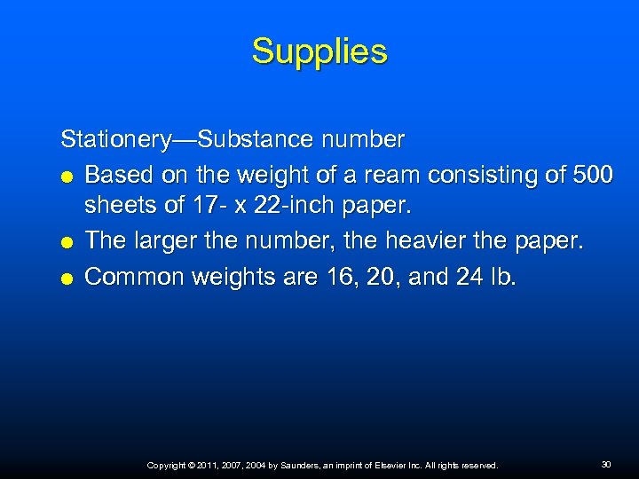 Supplies Stationery—Substance number Based on the weight of a ream consisting of 500 sheets