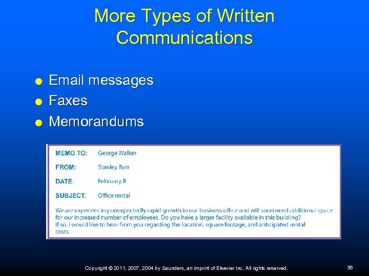 More Types of Written Communications Email messages Faxes Memorandums Copyright © 2011, 2007, 2004