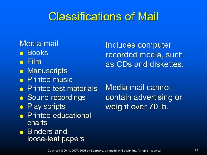 Classifications of Mail Media mail Books Film Manuscripts Printed music Printed test materials Sound