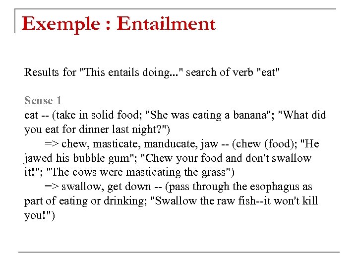 Exemple : Entailment Results for "This entails doing. . . " search of verb