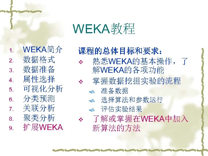 WEKA教程 1. 2. 3. 4. 5. 6. 7. 8. 9. WEKA简介 数据格式 数据准备 属性选择