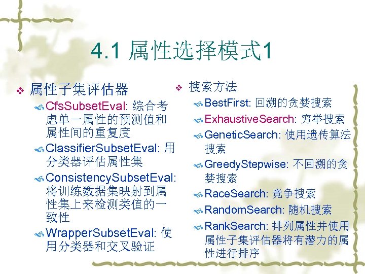 4. 1 属性选择模式 1 v 属性子集评估器 v 搜索方法 Cfs. Subset. Eval: 综合考 Best. First: