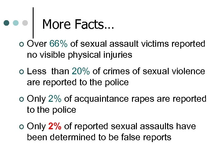 More Facts… ¢ Over 66% of sexual assault victims reported no visible physical injuries