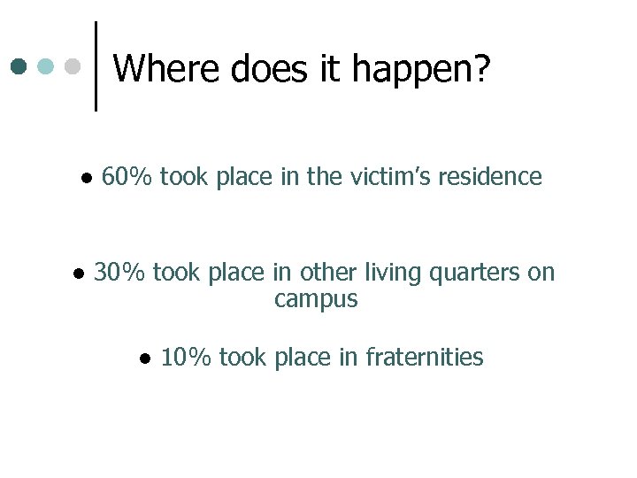 Where does it happen? l l 60% took place in the victim’s residence 30%