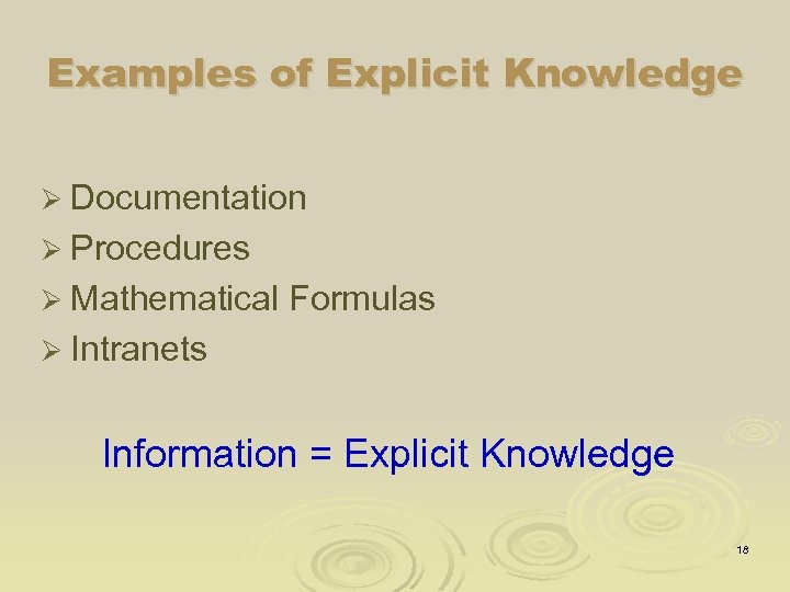 Examples of Explicit Knowledge Ø Documentation Ø Procedures Ø Mathematical Formulas Ø Intranets Information