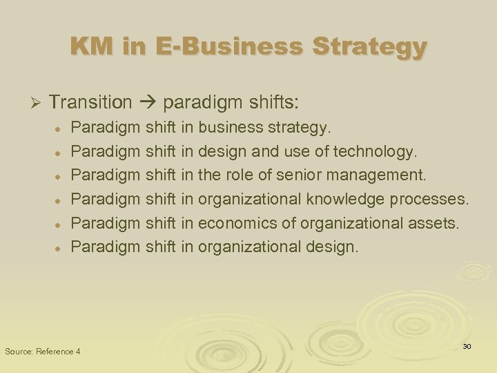 KM in E-Business Strategy Ø Transition paradigm shifts: l l l Paradigm shift in