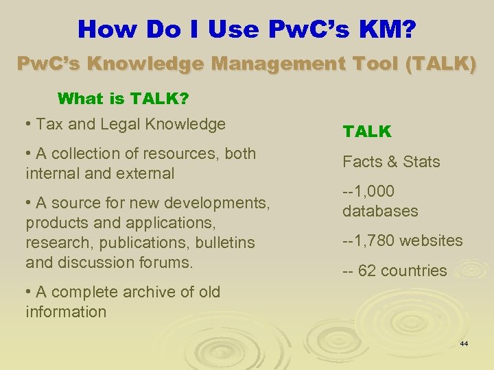 How Do I Use Pw. C’s KM? Pw. C’s Knowledge Management Tool (TALK) What