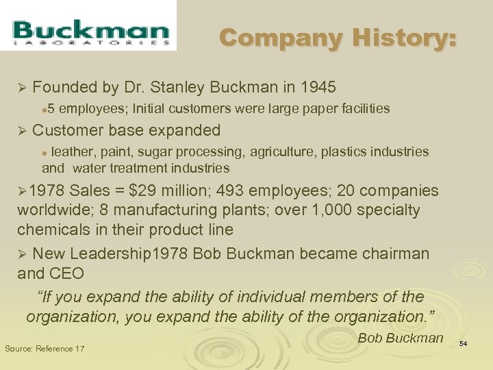 Company History: Ø Founded by Dr. Stanley Buckman in 1945 l Ø 5 employees;