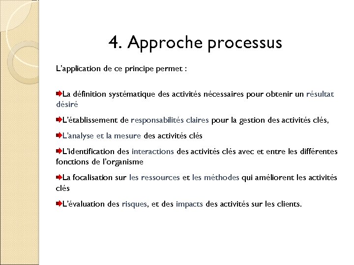 4. Approche processus L’application de ce principe permet : La définition systématique des activités