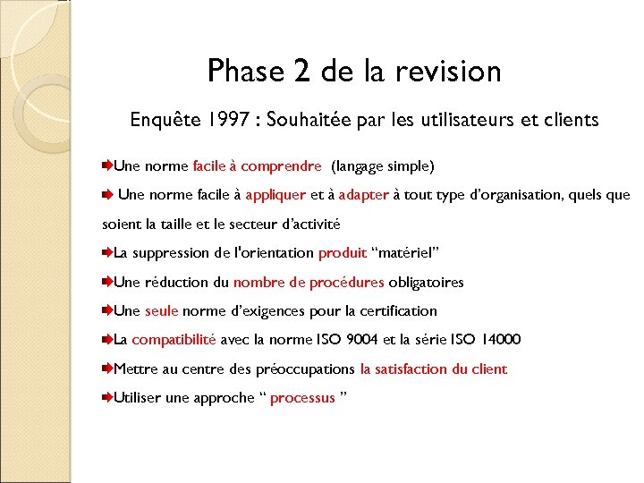 Phase 2 de la revision Enquête 1997 : Souhaitée par les utilisateurs et clients