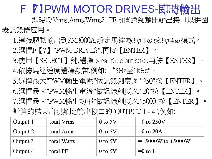 F【 PWM MOTOR DRIVES-即時輸出 7】 即時将Vrms, Arms, Wrms和PF的值送到類比輸出接口以供圖 表記錄器应用。 1. 連接驅動輸出到PM 3000 A, 設定馬達為