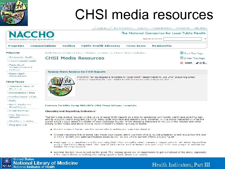 CHSI media resources Health Indicators, Part III 