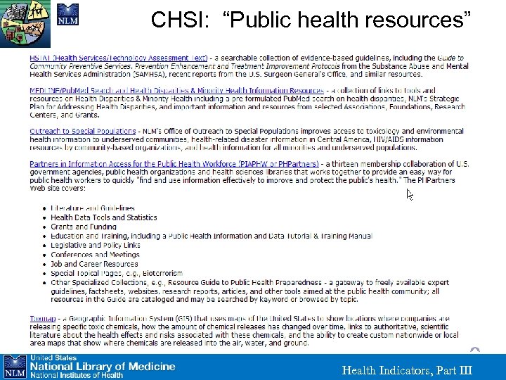 CHSI: “Public health resources” Health Indicators, Part III 