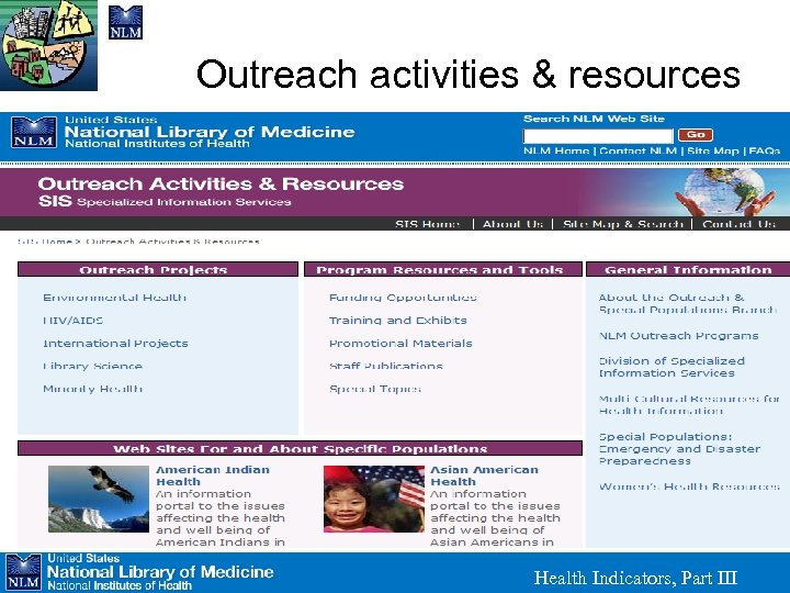 Outreach activities & resources Health Indicators, Part III 