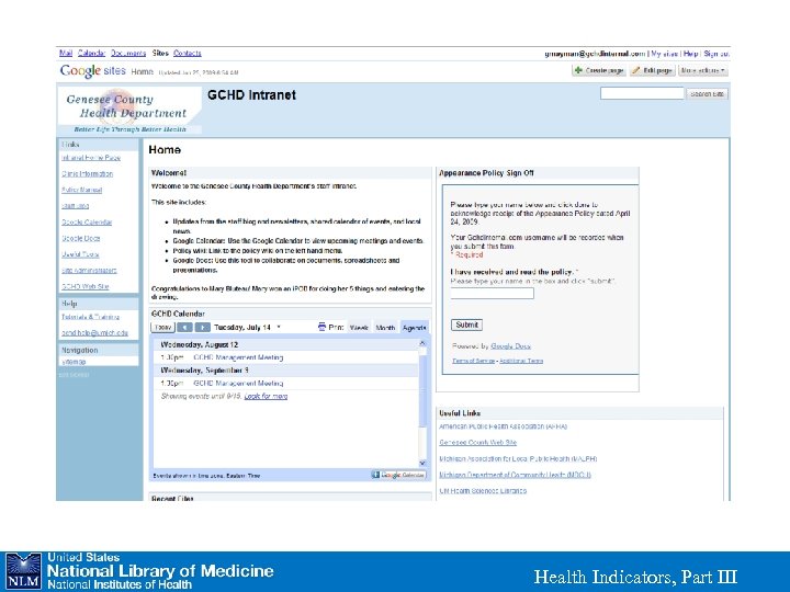 Genesee County Health Department Intranet Health Indicators, Part III 
