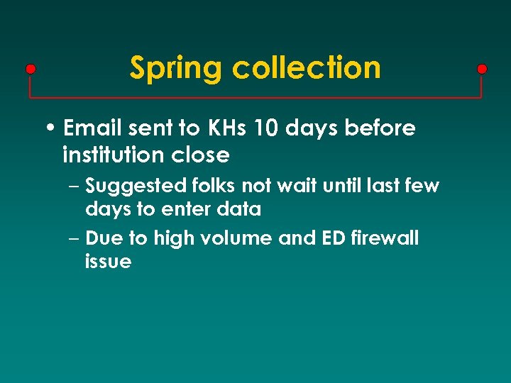 Spring collection • Email sent to KHs 10 days before institution close – Suggested