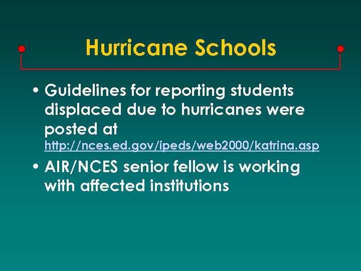 Hurricane Schools • Guidelines for reporting students displaced due to hurricanes were posted at