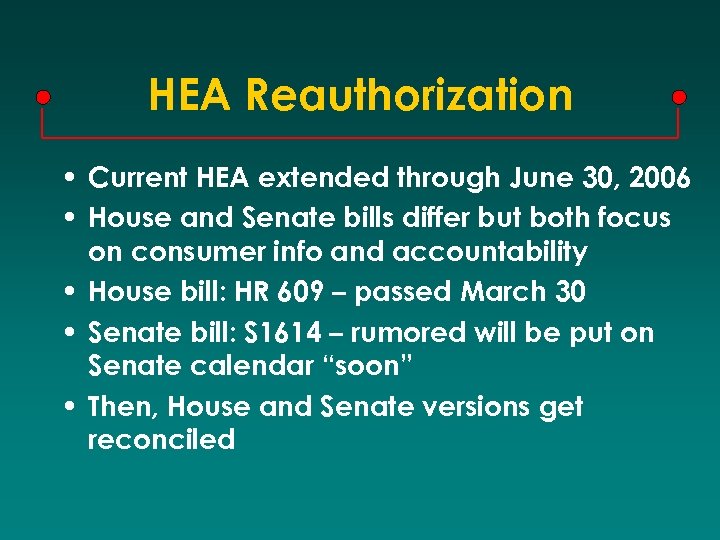 HEA Reauthorization • Current HEA extended through June 30, 2006 • House and Senate