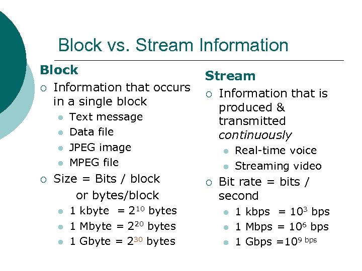 Block vs. Stream Information Block ¡ Information that occurs in a single block ¡