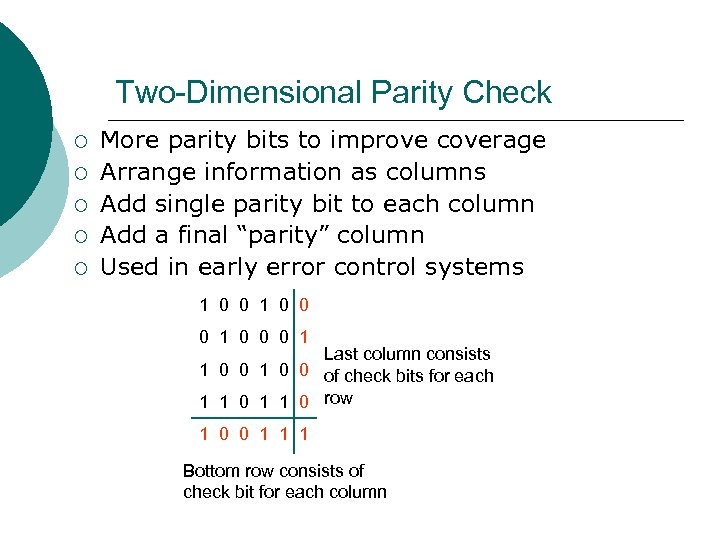Two-Dimensional Parity Check ¡ ¡ ¡ More parity bits to improve coverage Arrange information