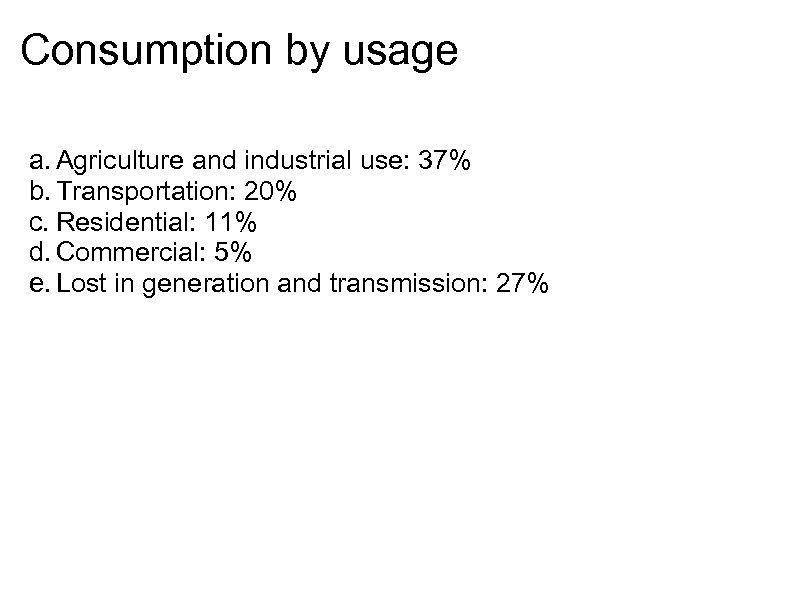 Consumption by usage a. Agriculture and industrial use: 37% b. Transportation: 20% c. Residential: