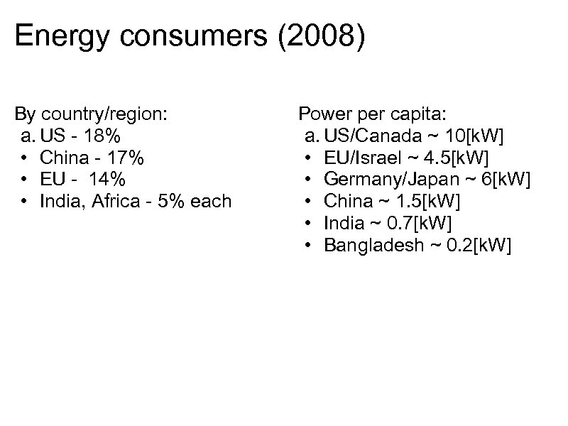 Energy consumers (2008) By country/region: a. US - 18% • China - 17% •