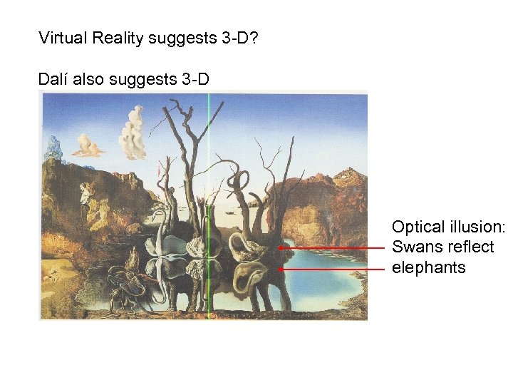 Virtual Reality suggests 3 -D? Dalí also suggests 3 -D Optical illusion: Swans reflect