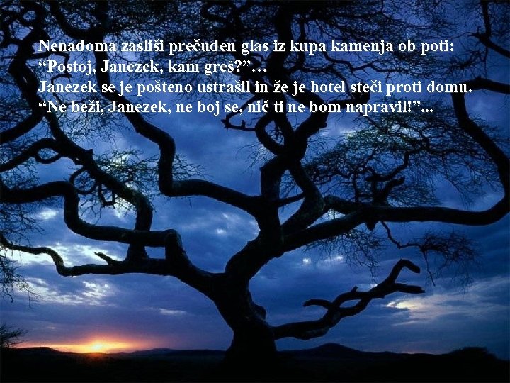 Nenadoma zasliši prečuden glas iz kupa kamenja ob poti: “Postoj, Janezek, kam greš? ”…