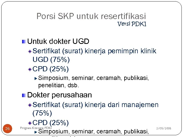Porsi SKP untuk resertifikasi Versi PDKI Untuk dokter UGD Sertifikat (surat) kinerja pemimpin klinik