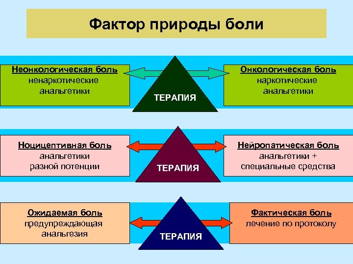 Фактор природы боли Неонкологическая боль ненаркотические анальгетики Ноцицептивная боль анальгетики разной потенции Ожидаемая боль