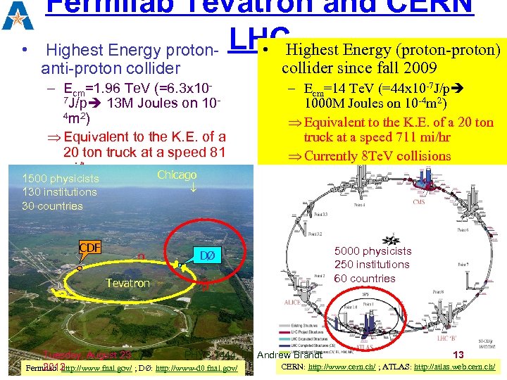  • Fermilab Tevatron and CERN • Highest Energy (proton-proton) Highest Energy proton- LHC