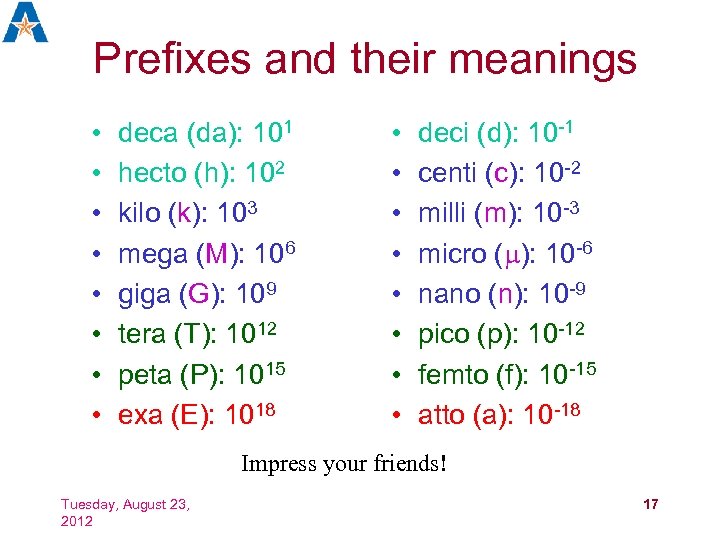 Prefixes and their meanings • • deca (da): 101 hecto (h): 102 kilo (k):