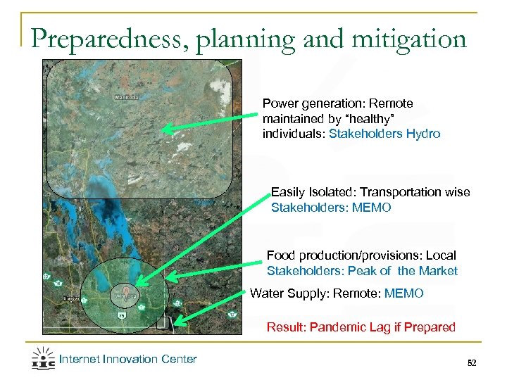 Preparedness, planning and mitigation Power generation: Remote maintained by “healthy” individuals: Stakeholders Hydro Easily