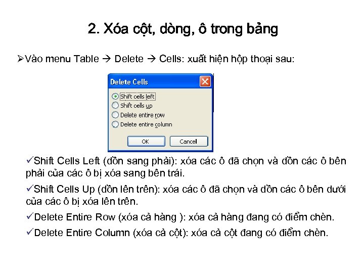 2. Xóa cột, dòng, ô trong bảng ØVào menu Table Delete Cells: xuất hiện