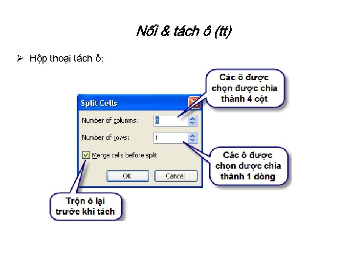 Nối & tách ô (tt) Ø Hộp thoại tách ô: 