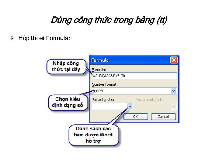 Dùng công thức trong bảng (tt) Ø Hộp thoại Formula: 