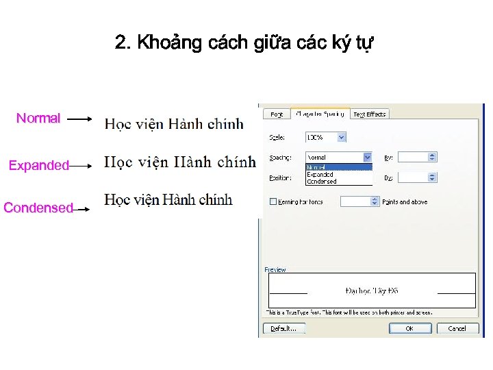 2. Khoảng cách giữa các ký tự Normal Expanded Condensed 