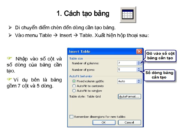 1. Cách tạo bảng Ø Di chuyển điểm chèn đến dòng cần tạo bảng.