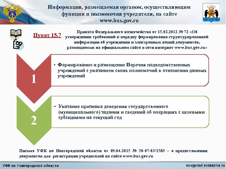 Информация, размещаемая органом, осуществляющим функции и полномочия учредителя, на сайте www. bus. gov. ru