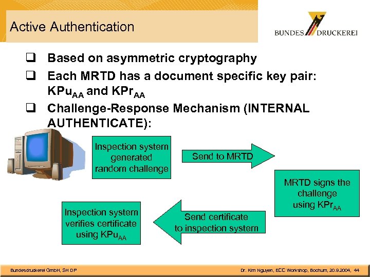 Active Authentication q Based on asymmetric cryptography q Each MRTD has a document specific