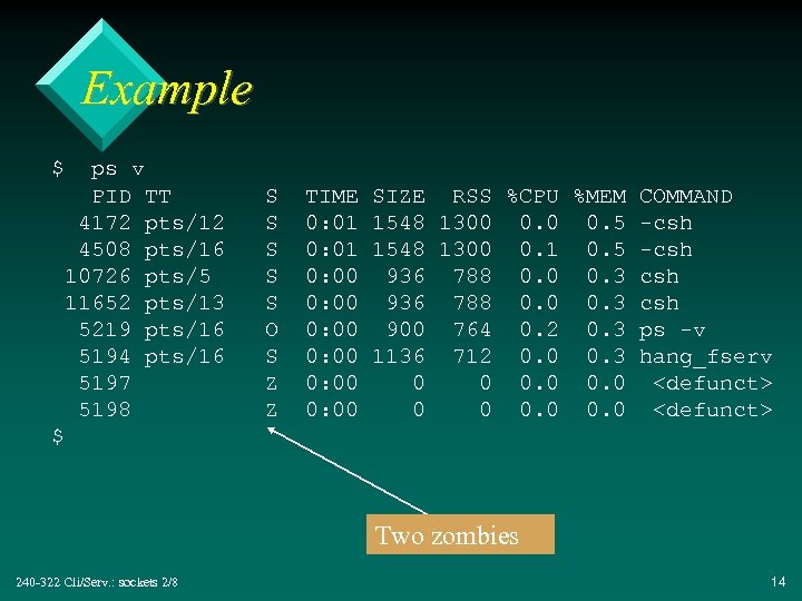 Example $ ps v PID TT 4172 pts/12 4508 pts/16 10726 pts/5 11652 pts/13