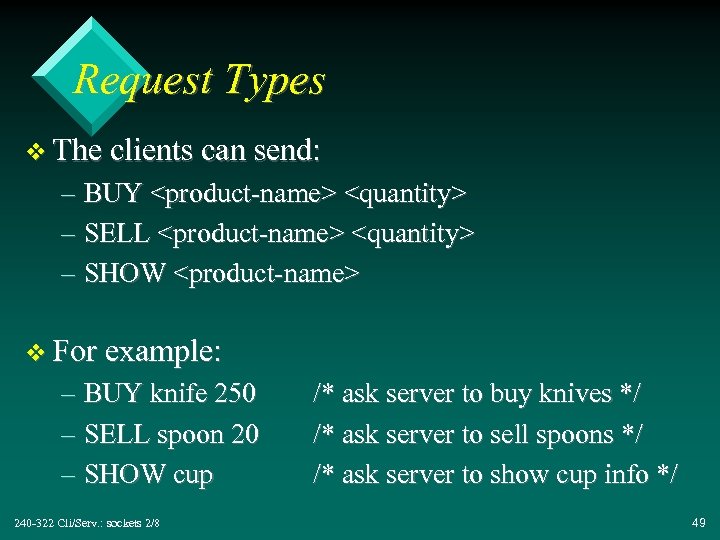 Request Types v The clients can send: – BUY <product-name> <quantity> – SELL <product-name>