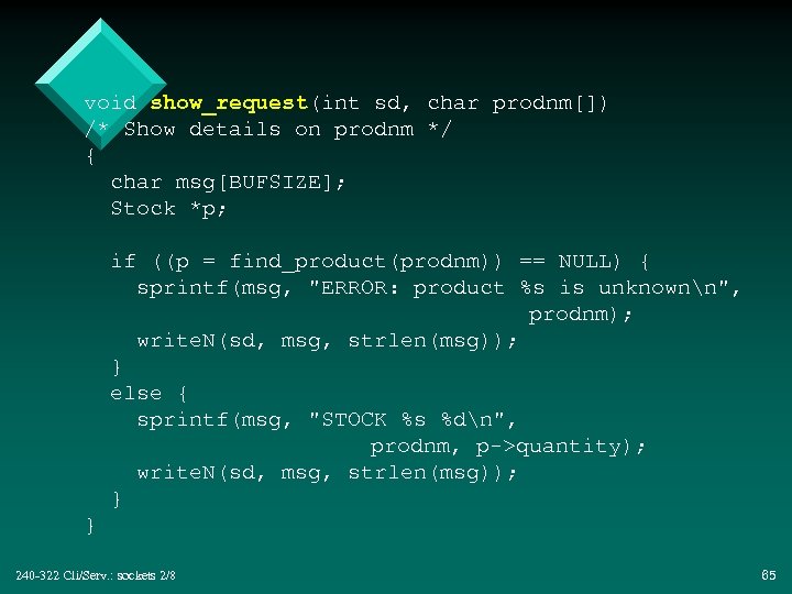 void show_request(int sd, char prodnm[]) /* Show details on prodnm */ { char msg[BUFSIZE];