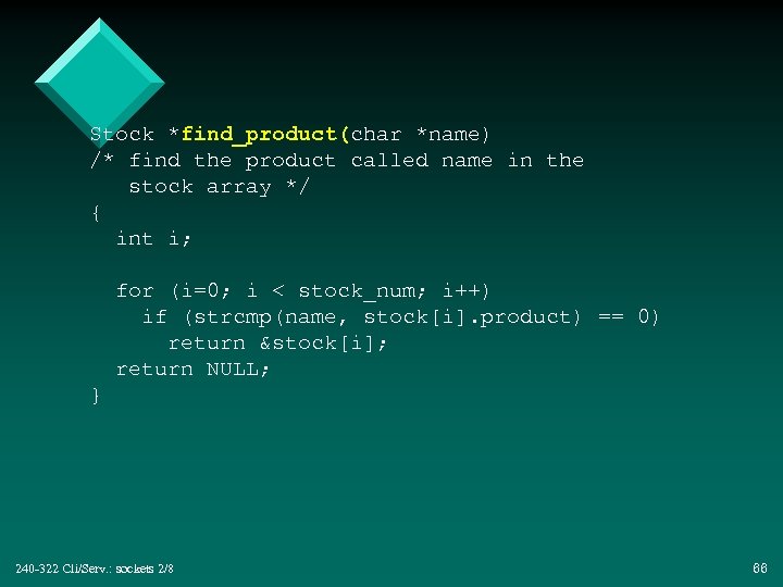 Stock *find_product(char *name) /* find the product called name in the stock array */
