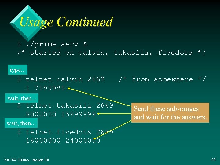 Usage Continued $. /prime_serv & /* started on calvin, takasila, fivedots */ type. .
