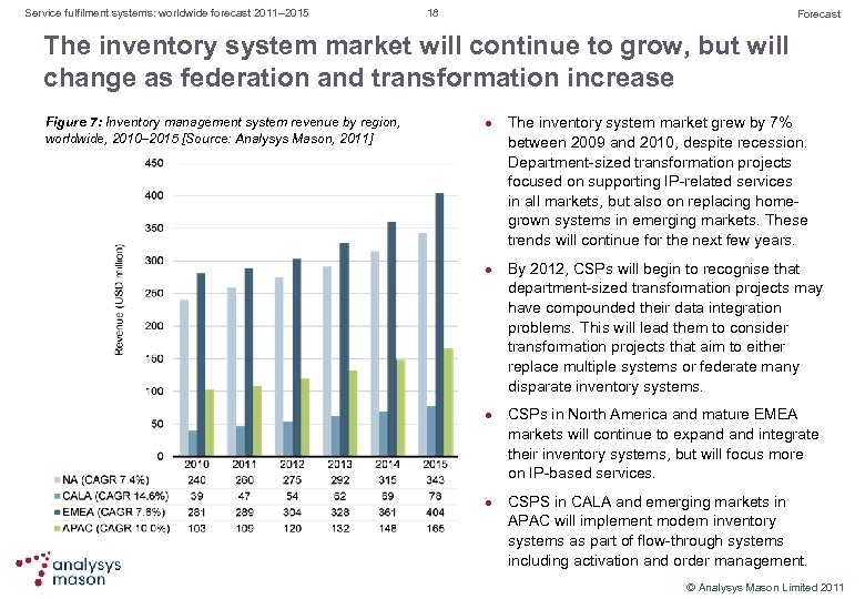 Service fulfilment systems: worldwide forecast 2011– 2015 18 Forecast The inventory system market will