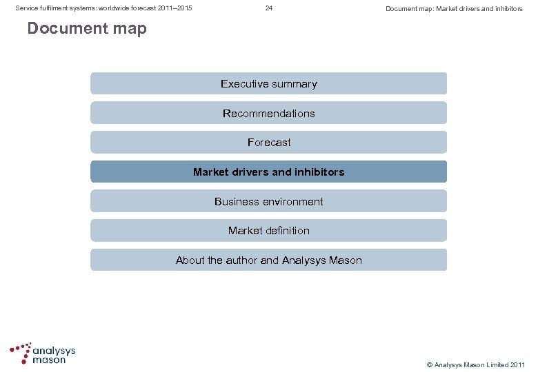 Service fulfilment systems: worldwide forecast 2011– 2015 24 Document map: Market drivers and inhibitors