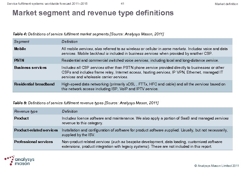 Service fulfilment systems: worldwide forecast 2011– 2015 41 Market definition Market segment and revenue