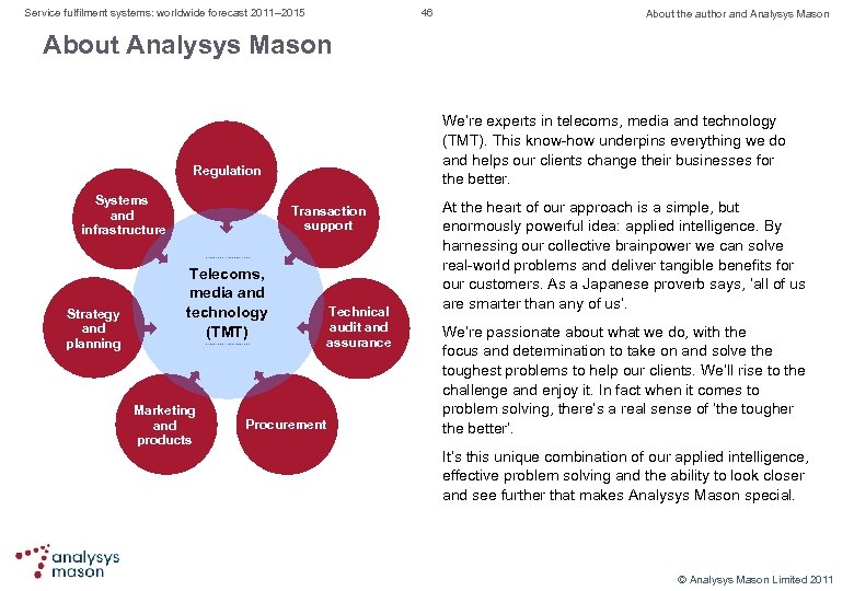 Service fulfilment systems: worldwide forecast 2011– 2015 46 About the author and Analysys Mason