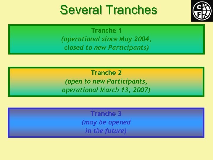 Several Tranches Tranche 1 (operational since May 2004, closed to new Participants) Tranche 2